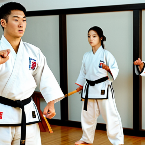 Home 4 **
A professional Taekwondo instructor, fully clothed in a clean and modest dobok, demonstrating a basic stance in a bright and well-maintained dojang. Students in the background are attentively watching. The dojang features traditional Korean elements. Safe for work, appropriate content, perfect anatomy, correct proportions, natural pose, well-formed hands, proper finger count, professional, family-friendly, high quality.
**