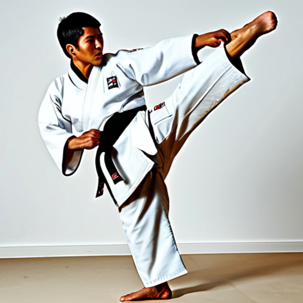 태권도 훈련 코칭 가이드 - **

"A Taekwondo practitioner, mid-air executing a dynamic turning kick in a modern dojang. Fully cl...