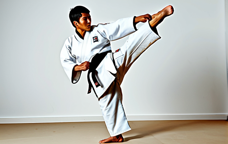태권도 훈련 코칭 가이드 - **
"A Taekwondo practitioner, mid-air executing a dynamic turning kick in a modern dojang. Fully cl...