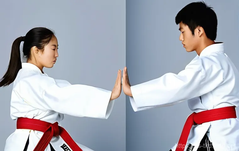 태권도와 명상 결합 훈련 - **Prompt: Serene Concentration Amidst Martial Discipline**
    "A young adult, either male or female...