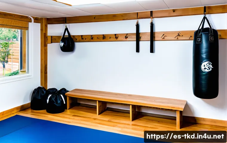 태권도 훈련 도구 DIY 방법 - A cozy home martial arts training room designed for Taekwondo practice, featuring a handmade heavy p...