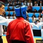 태권도 심판 역할과 필요 자격 - A professional Taekwondo referee in an official competition setting, wearing a crisp white shirt, bl...