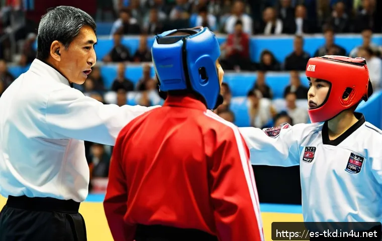태권도 심판 역할과 필요 자격 - A professional Taekwondo referee in an official competition setting, wearing a crisp white shirt, bl...