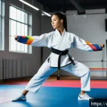 태권도 스트레칭 도구 추천 - A focused scene of a young adult Taekwondo practitioner in a modern gym setting, performing dynamic ...