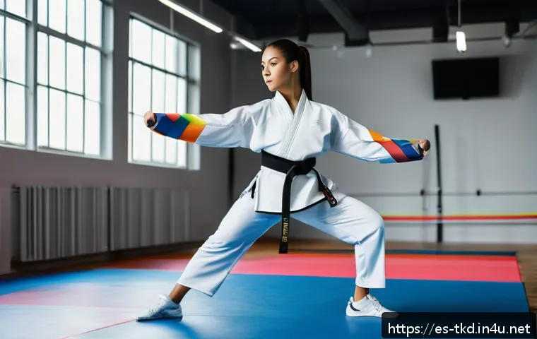 태권도 스트레칭 도구 추천 - A focused scene of a young adult Taekwondo practitioner in a modern gym setting, performing dynamic ...