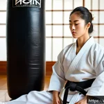 태권도 정신과 일상의 연결 - A focused Taekwondo practitioner in a modern dojo, wearing traditional dobok with belt, performing a...
