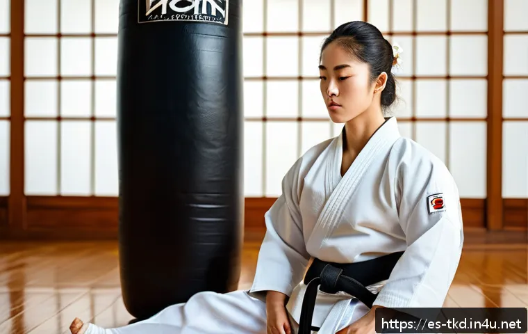 태권도 정신과 일상의 연결 - A focused Taekwondo practitioner in a modern dojo, wearing traditional dobok with belt, performing a...