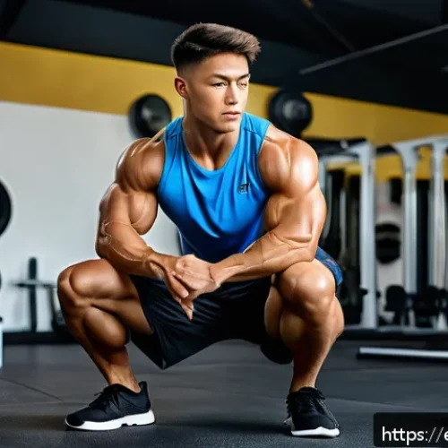 태권도 발차기 강화 운동 - A focused young male martial artist performing deep squats in a bright gym, wearing athletic shorts ...