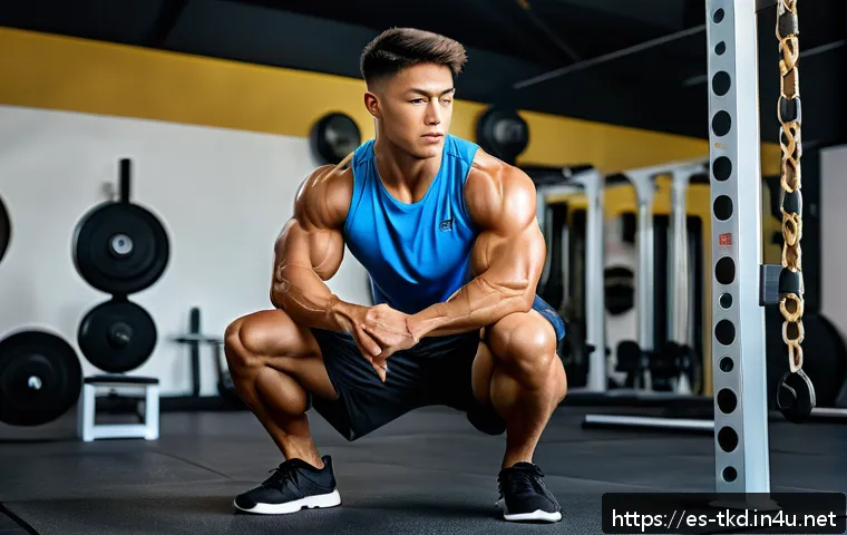 태권도 발차기 강화 운동 - A focused young male martial artist performing deep squats in a bright gym, wearing athletic shorts ...