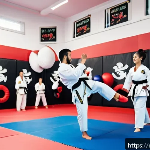태권도 동작별 소모 칼로리 - A dynamic Taekwondo training session in a spacious, well-lit gym with a diverse group of adult pract...