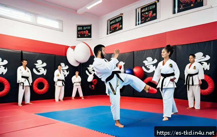 태권도 동작별 소모 칼로리 - A dynamic Taekwondo training session in a spacious, well-lit gym with a diverse group of adult pract...