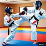 태권도 겨루기 장비의 중요성 - A dynamic Taekwondo sparring scene featuring two adult athletes wearing full protective gear includi...