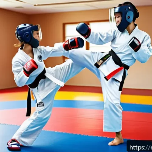 태권도 겨루기 장비의 중요성 - A dynamic Taekwondo sparring scene featuring two adult athletes wearing full protective gear includi...