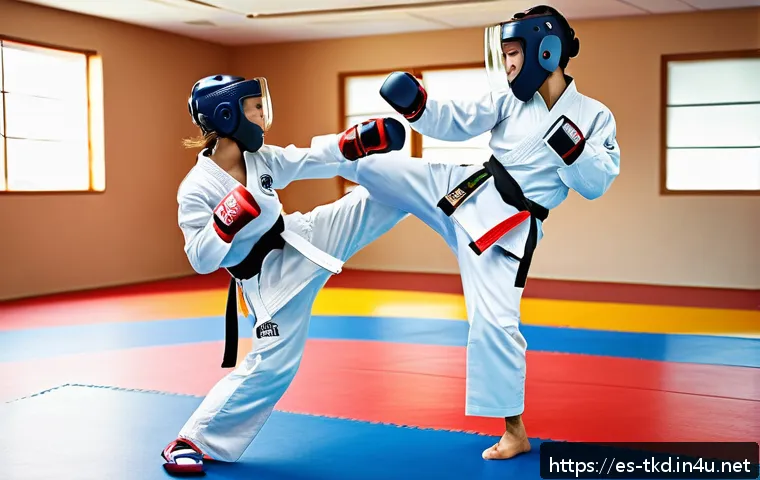 태권도 겨루기 장비의 중요성 - A dynamic Taekwondo sparring scene featuring two adult athletes wearing full protective gear includi...