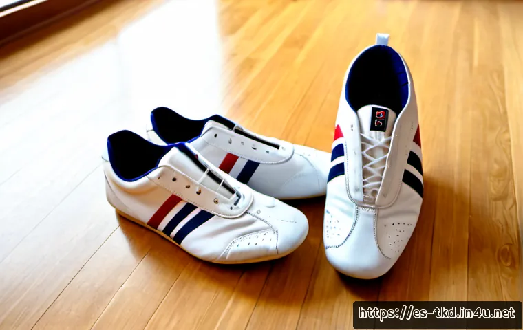 태권도 운동화 추천 - Photorealistic product comparison scene of two pairs of clean white taekwondo training shoes on a li...