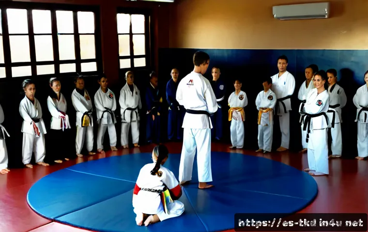 태권도 커뮤니티 가입 이점 - Photorealistic welcoming taekwondo community class in a bright neighborhood martial arts studio in S...