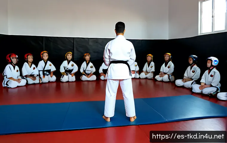 태권도 도장에서의 안전 규정 - Photorealistic wide-angle scene inside a bright Spanish taekwondo training studio, a calm adult inst...