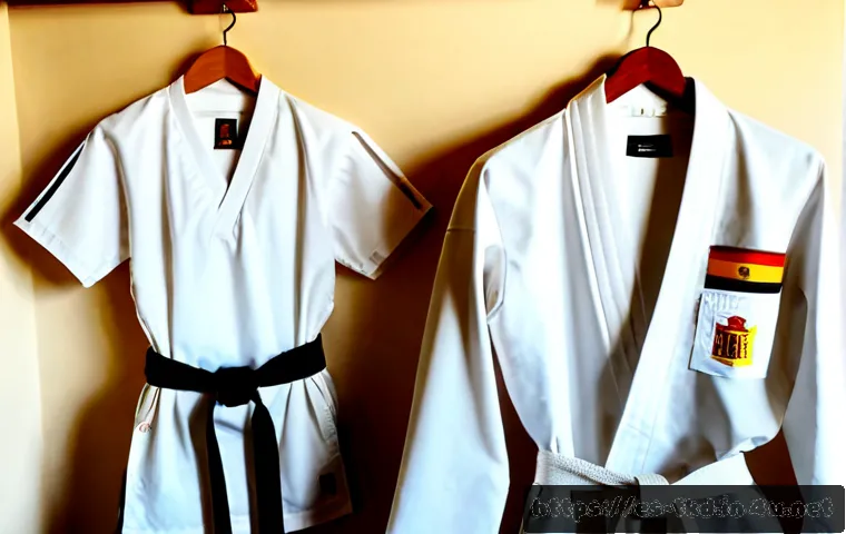 Home 15 태권도 도복 가격 비교 - Photorealistic sports shop comparison scene in Spain, two crisp white taekwondo uniforms displayed s...