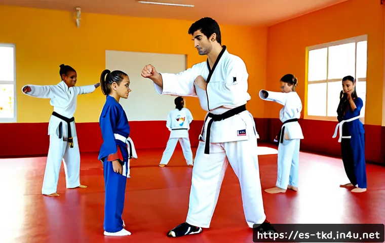 태권도 발전을 위한 제언 - Photorealistic modern taekwondo training session in a bright community sports center in Spain, a div...