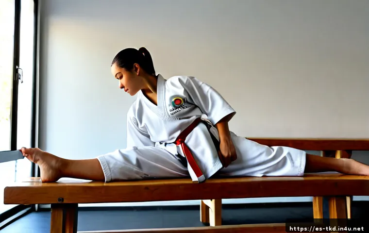 Home 17 태권도 스트레칭 필수 동작 - Photorealistic fitness studio scene, adult martial arts student wearing a plain white training unifo...