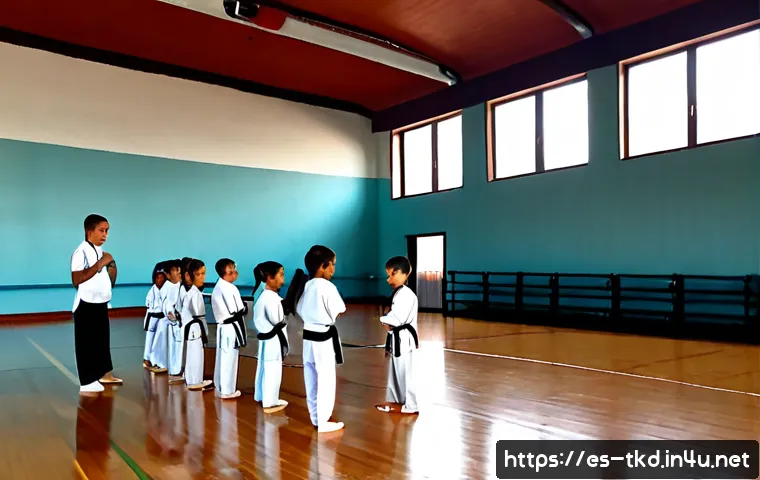 Home 17 태권도와 체육 교육의 연계성 - Photorealistic wide shot of a bright Spanish school gymnasium during a physical education class, div...